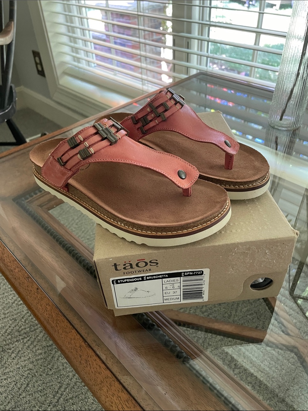 Taos Footwear Coral Pink Leather Beaded Thong Sandals